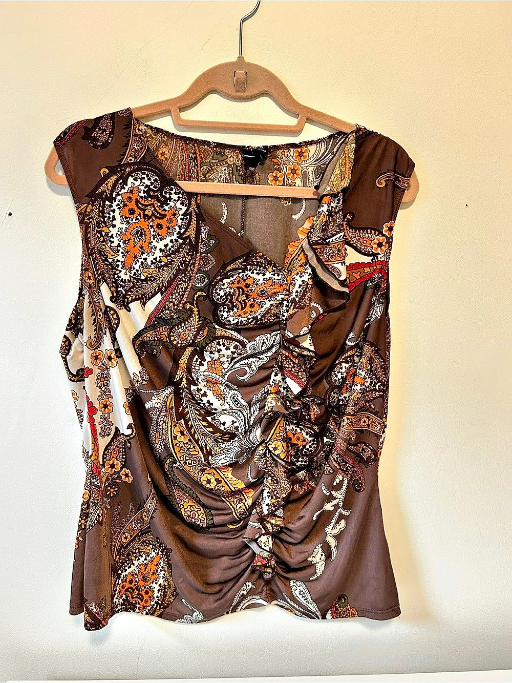 Jones New York Paisley Boho Draped Blouse in Brown & Orange Size XL